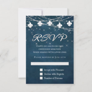Fleur de Lis Navy Blue Lights   Rustic Boho Chic RSVP Card