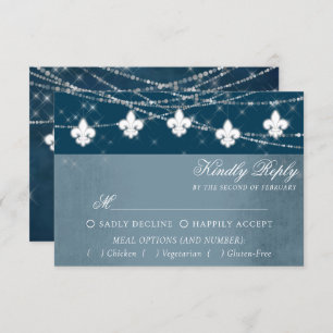 Fleur de Lis Navy Blue Lights   Rustic Meal Choice RSVP Card