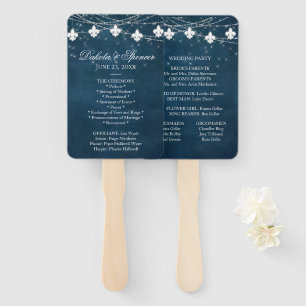 Fleur de Lis Navy Blue Lights Rustic Program Hand Fan
