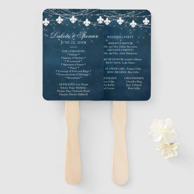 Fleur de Lis Navy Blue Lights | Rustic Program Hand Fan (Front and Back)