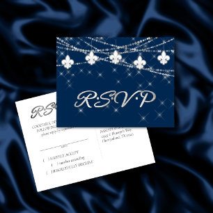 Fleur de Lis Navy Blue Lights   Rustic Reception Invitation Postcard