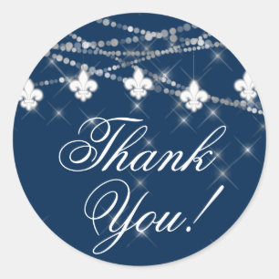 Fleur de Lis Navy Blue Lights   Rustic Thank You Classic Round Sticker