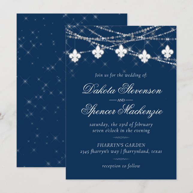 Fleur de Lis Navy Blue Lights | Rustic Wedding Invitation (Front/Back)