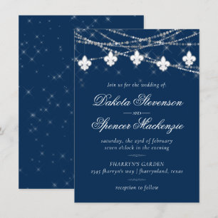 Fleur de Lis Navy Blue Lights   Rustic Wedding Invitation