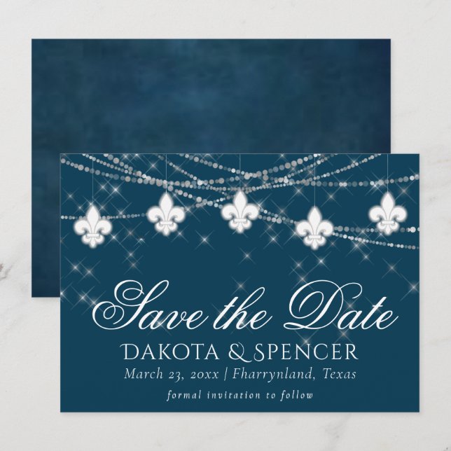 Fleur de Lis Navy Blue Lights | Rustic Wedding Save The Date (Front/Back)