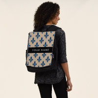 Fleur de Lis, Navy Blue on Beige, Royal, Your Name