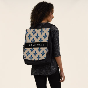 Fleur de Lis, Navy Blue on Beige, Royal, Your Name Backpack