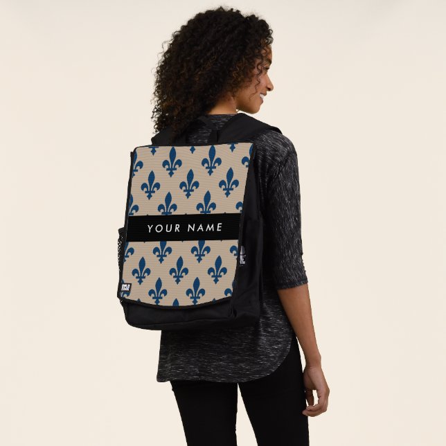 Fleur de Lis, Navy Blue on Beige, Royal, Your Name Backpack (Worn)