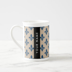 Fleur de Lis, Navy Blue on Beige, Royal, Your Name Bone China Mug