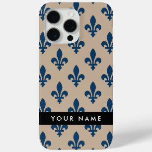 Fleur de Lis, Navy Blue on Beige, Royal, Your Name iPhone 15 Pro Max Case