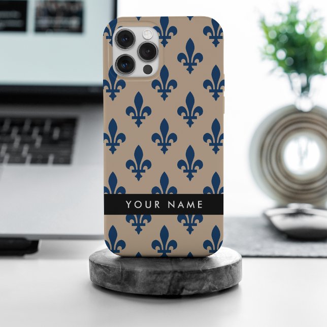 Fleur de Lis, Navy Blue on Beige, Royal, Your Name Case-Mate iPhone Case (Creator Uploaded)