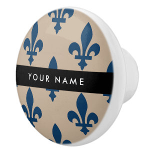 Fleur de Lis, Navy Blue on Beige, Royal, Your Name Ceramic Knob