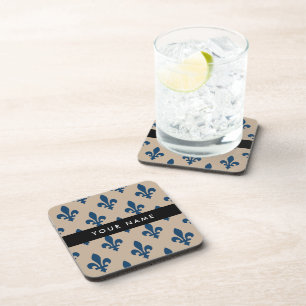 Fleur de Lis, Navy Blue on Beige, Royal, Your Name Coaster