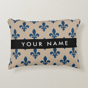 Fleur de Lis, Navy Blue on Beige, Royal, Your Name Decorative Cushion