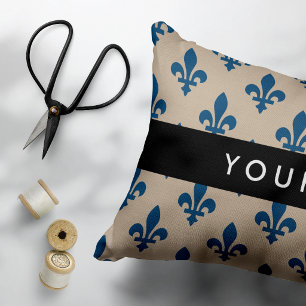 Fleur de Lis, Navy Blue on Beige, Royal, Your Name Decorative Cushion