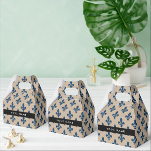 Fleur de Lis, Navy Blue on Beige, Royal, Your Name Favour Box