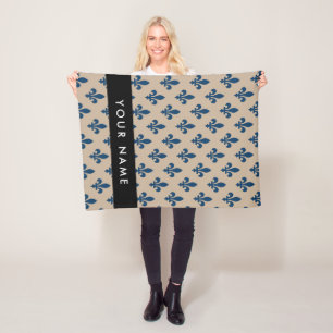 Fleur de Lis, Navy Blue on Beige, Royal, Your Name Fleece Blanket