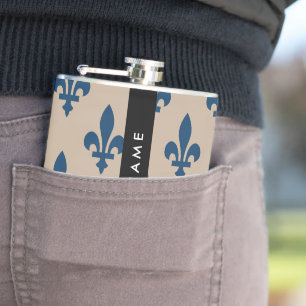Fleur de Lis, Navy Blue on Beige, Royal, Your Name Hip Flask