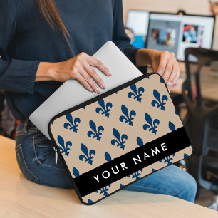 Fleur de Lis, Navy Blue on Beige, Royal, Your Name Laptop Sleeve