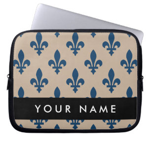 Fleur de Lis, Navy Blue on Beige, Royal, Your Name Laptop Sleeve