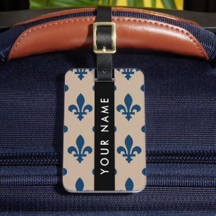 Fleur de Lis, Navy Blue on Beige, Royal, Your Name Luggage Tag