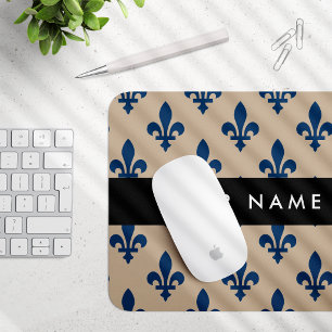 Fleur de Lis, Navy Blue on Beige, Royal, Your Name Mouse Mat