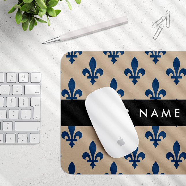 Fleur de Lis, Navy Blue on Beige, Royal, Your Name Mouse Mat (Creator Uploaded)