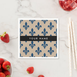 Fleur de Lis, Navy Blue on Beige, Royal, Your Name Napkin