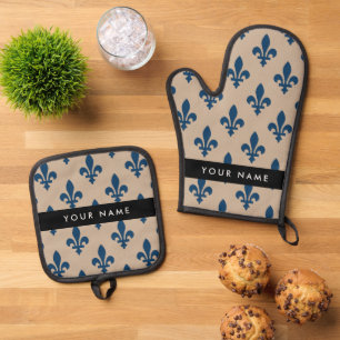 Fleur de Lis, Navy Blue on Beige, Royal, Your Name Oven Mitt & Pot Holder Set