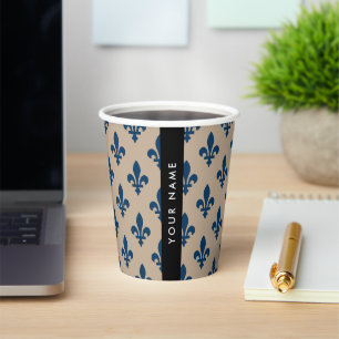 Fleur de Lis, Navy Blue on Beige, Royal, Your Name Paper Cups