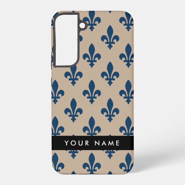 Fleur de Lis, Navy Blue on Beige, Royal, Your Name Samsung Galaxy S22+ Case (Back)