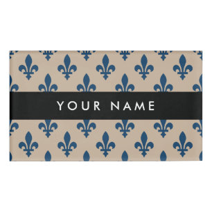 Fleur de Lis, Navy Blue on Beige, Royal, Your Name Tag