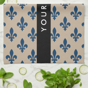 Fleur de Lis, Navy Blue on Beige, Royal, Your Name Tea Towel