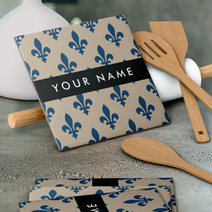 Fleur de Lis, Navy Blue on Beige, Royal, Your Name Tile
