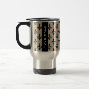 Fleur de Lis, Navy Blue on Beige, Royal, Your Name Travel Mug