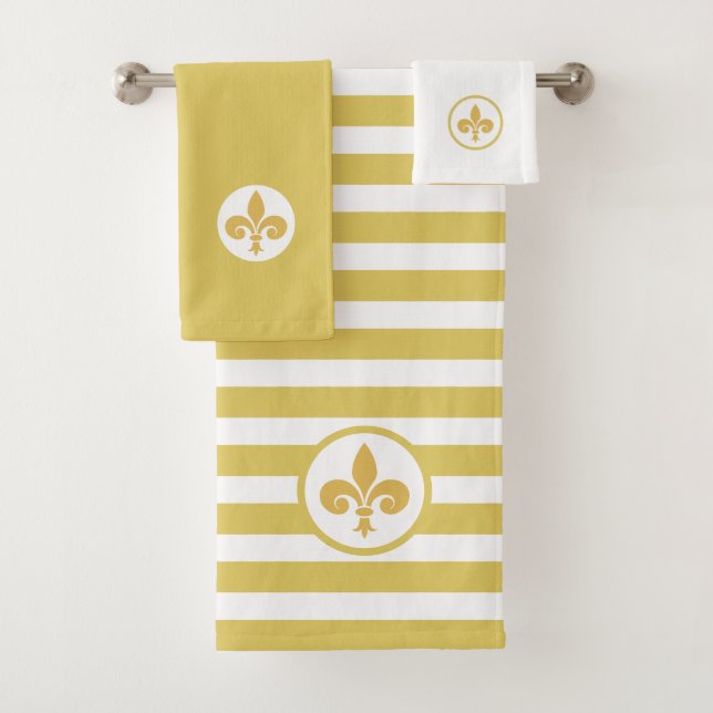 Fleur de Lis on Golden & White Striped Bath Towel Set (Insitu)