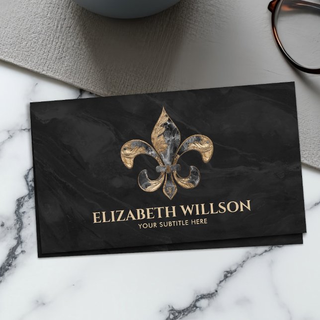 Fleur-de-lis Ornament Black Marble and gold Business Card (Creator Uploaded)