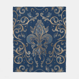 Fleur-de-lis ornament Blue Marble and Gold Fleece Blanket
