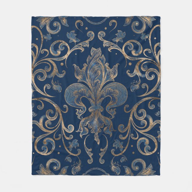 Fleur-de-lis ornament Blue Marble and Gold Fleece Blanket (Front)
