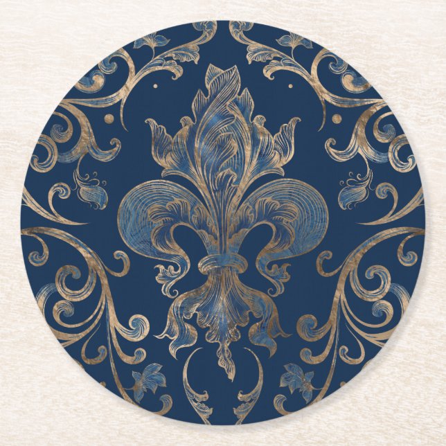Fleur-de-lis ornament Blue Marble and Gold Round Paper Coaster (Front)