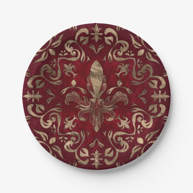 Fleur-de-lis ornament Red and Gold Paper Plate (Front)