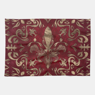 Fleur-de-lis ornament Red and Gold Tea Towel