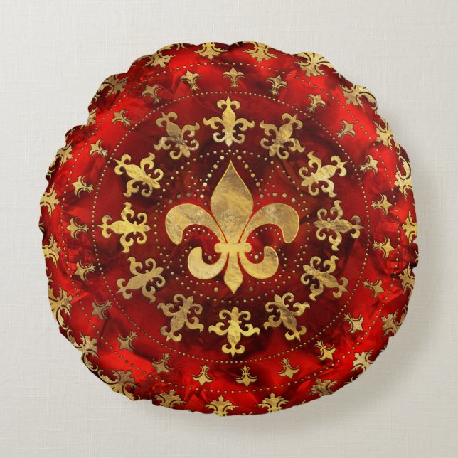 Fleur-de-lis ornament Red Marble and Gold Round Cushion (Front)
