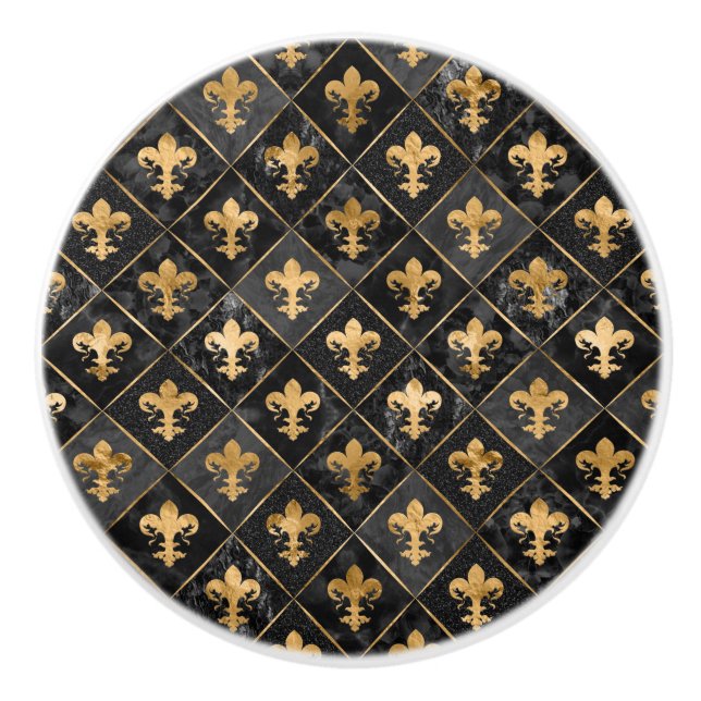 Fleur-de-lis pattern Black Marble and Gold Ceramic Knob (Front)