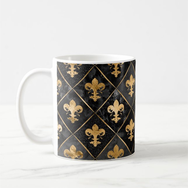 Fleur-de-lis pattern Black Marble and Gold Coffee Mug (Left)