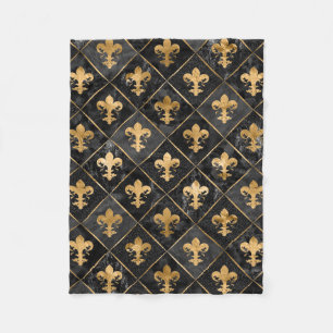 Fleur-de-lis pattern Black Marble and Gold Fleece Blanket
