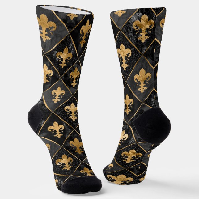 Fleur-de-lis pattern Black Marble and Gold Socks (Angled)