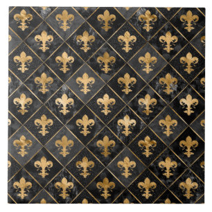 Fleur-de-lis pattern Black Marble and Gold Tile