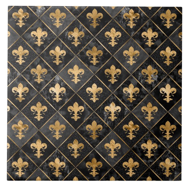 Fleur-de-lis pattern Black Marble and Gold Tile (Front)
