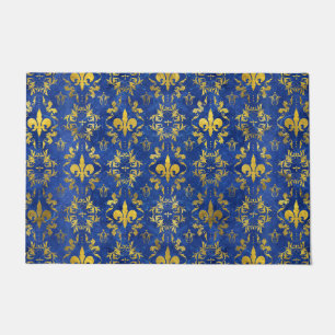 Fleur-de-lis pattern blue marble and gold doormat